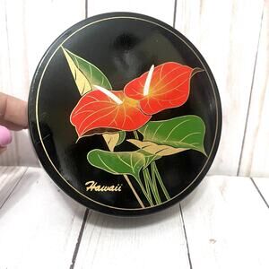 Vintage Japan Anthurium Black Lacquer (6) Coaster Set With Storage Box